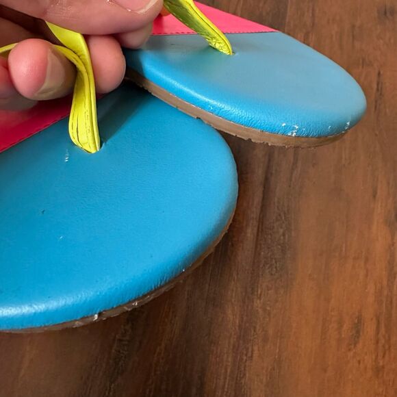 TKEES Neon Tips Flip Flop Sandals Pink Blue Leather Thong - Picture 4 of 9
